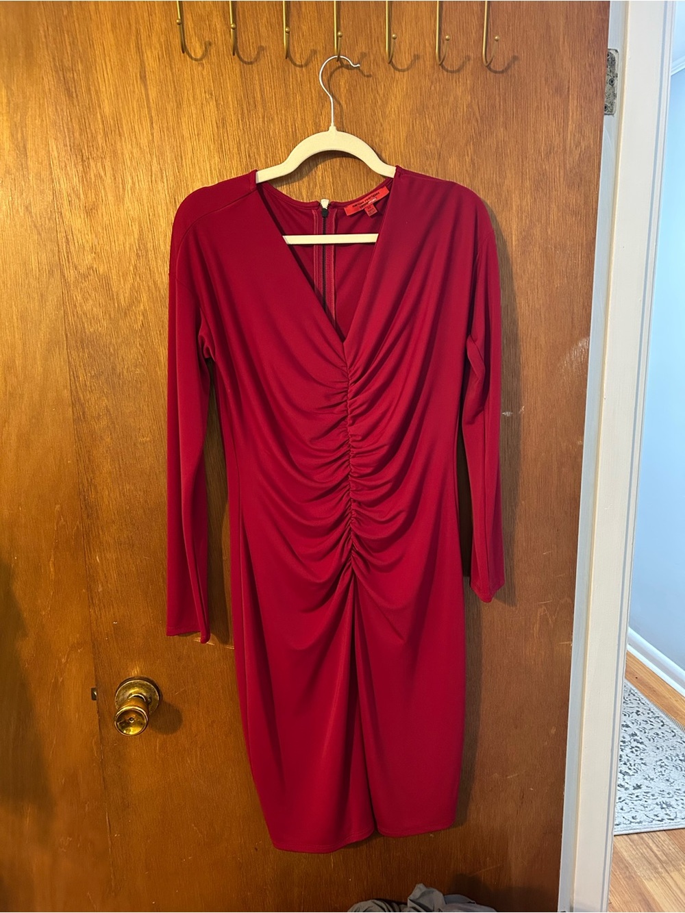 Narciso Rodriguez Ruched V-Neck Long Sleeve Red Sheath Dress